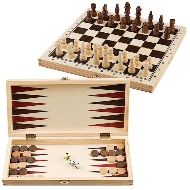 Compendium Set 3 in 1 Wooden Board Game Games Chess Draughts Backgammon
