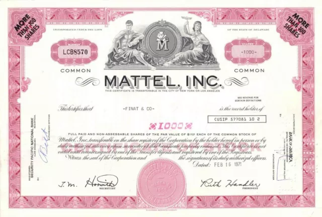 Mattel, Inc - Famous Toy Company - Red Color Stock Certificate - Very Rare - Gen