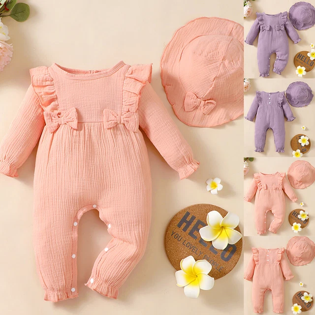 Baby Mädchen Strampler Jumpsuit Overall Rüschen Langarm Babykleidung Set Mit Hut