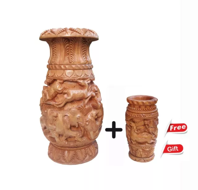 Jarrón de madera hecho a mano, maceta tallada, decoración india para el...