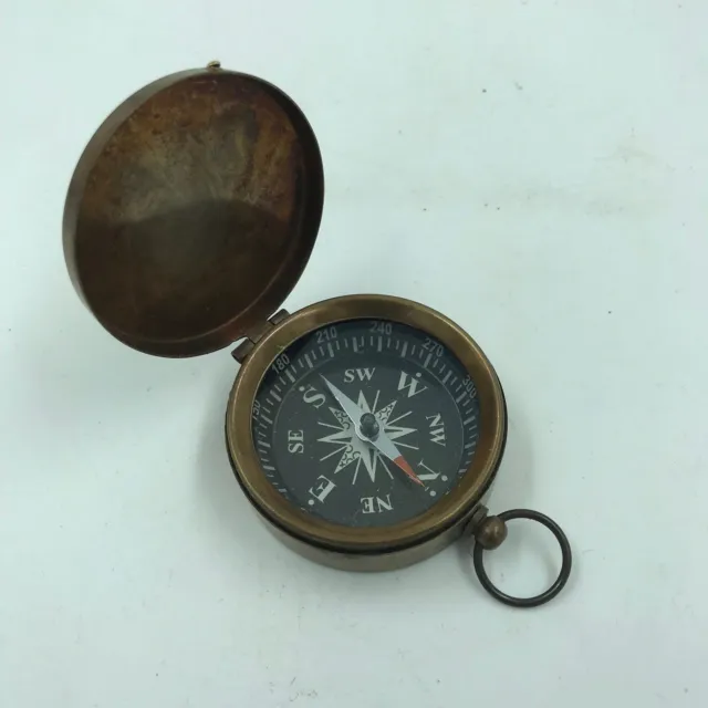 Nautical Brass Finish Compass With Lid Vintage Antique Mini Pocket Style Pendant 2