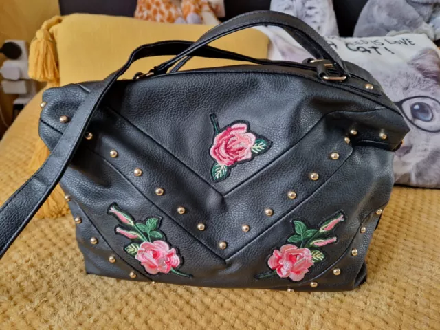 Ladies Fab Large Black Bag With Studs And Embroided Roses Matalan