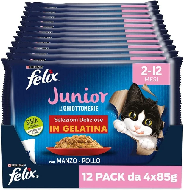 Purina  Le Ghiottonerie Cibo Umido per Gatti Junior Con Manzo E Pollo, 48 Buste