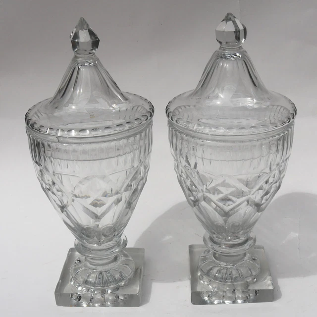 A pair of antique Georgian Irish small cut glass Urns / Bon Bon Jars C.1790 3