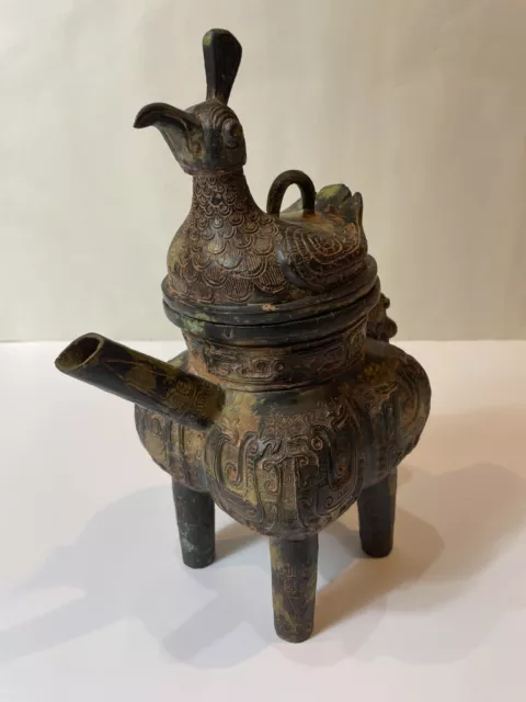 Chinese archaic bronze 'bird' ritual Zun Pot Kettle Wine Teapot Flagon