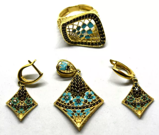 Beautiful 18K Yellow Gold Blue Enamel, CZ Pendant, Ring and Earrings Set
