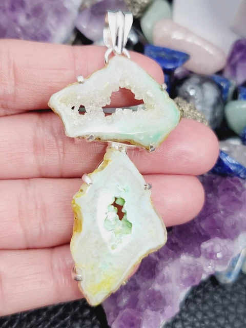 Solar Drusy Agate Quartz "LIGHT GREEN" Sterling Silver Pendant 2.75" Chain 20"