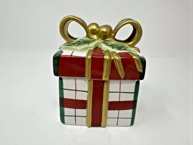 Fitz And Floyd Plaid Christmas Present Sugar Lidded Box 3”T 3”W 80s Vintage