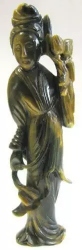 Late 1800s Hand Carved Chinese Agate Statue of Woman with Lotus Flowers