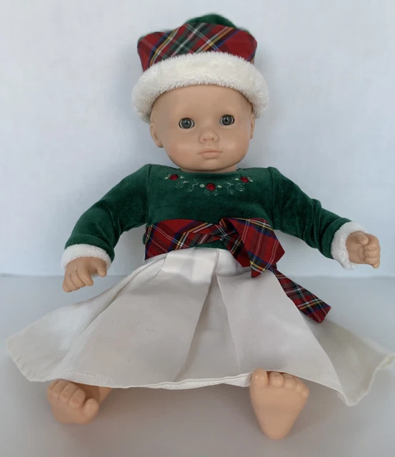 American Girl Bitty Baby Doll Christmas Blonde Hair Blue Eyes +Dress & Hat 15 “
