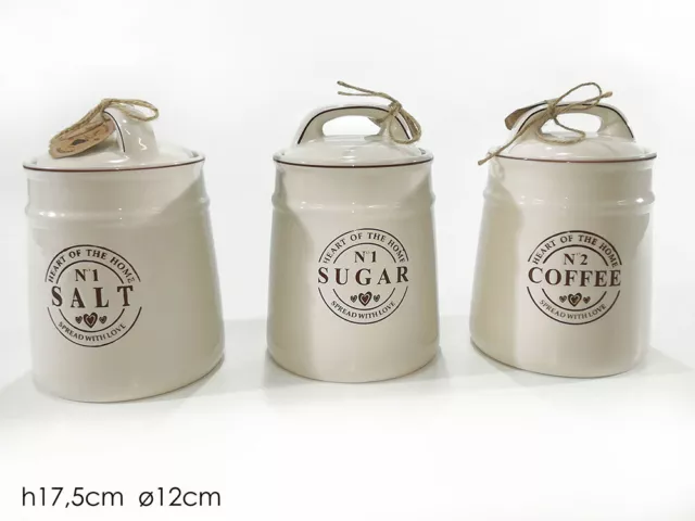 tris set 3 pz barattoli in ceramica 10 * 12 cm tappo legno sale zucchero  caffè 754166 : : Casa e cucina