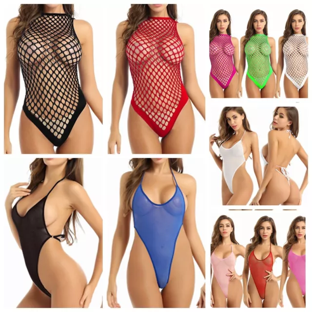 Womens Sheer Mesh Swimsuit Micro Monokini Bikini Halter Backless Tie Up Swimwear