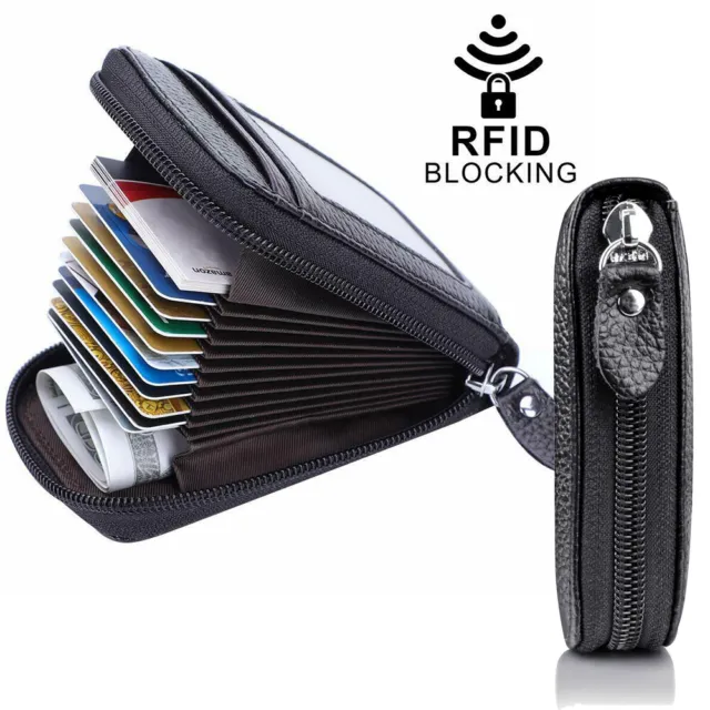 Mens Women Wallet Genuine Leather Card Holder RFID Blocking Zipper Purse Pocket