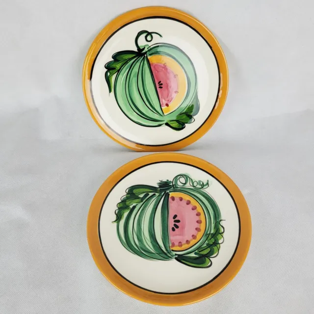 Vicki Carroll BON APPETIT  2-Salad Plates Signed 1995 8" Watermelon Pottery Art