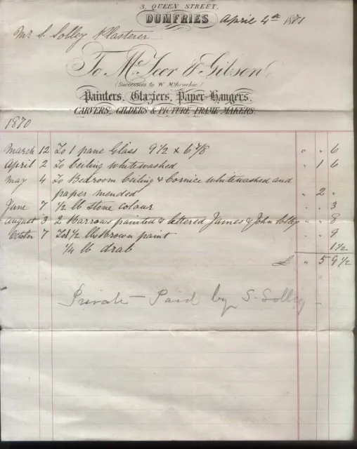 1871 DUMFRIES, McTEER & GIBSON, 3, QUEEN ST. PAINTER, GLAZIER, CARVER, BILLHEAD