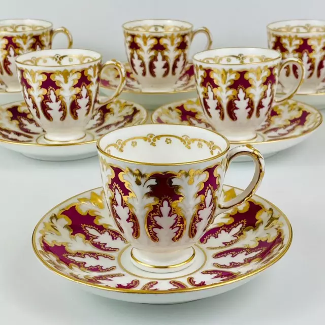 6 Antique c1854 Davenport Cup & Saucer #276 Embossed Porcelain Gilt Burgundy Red