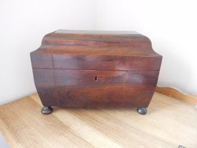 Antique Regency Rosewood Tea Caddy with mixing bowl Sarcophagus 4 ball feet