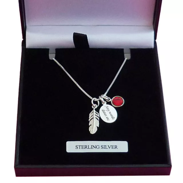 925 Sterling Silver Necklace with Feather, Birthstone, Personalised Engraving