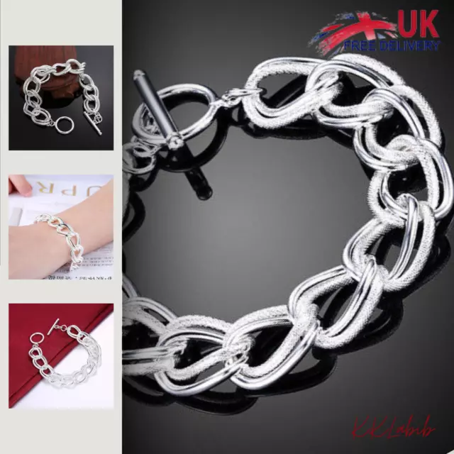 New Solid 925 Sterling Silver Double Chain Bracelets Diamond Cut Bangle Women UK