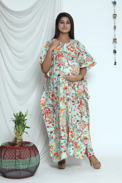 Pure Coton Maternité Robe Caftan Floral Vert Téter Indien Caftan Nuit Robe