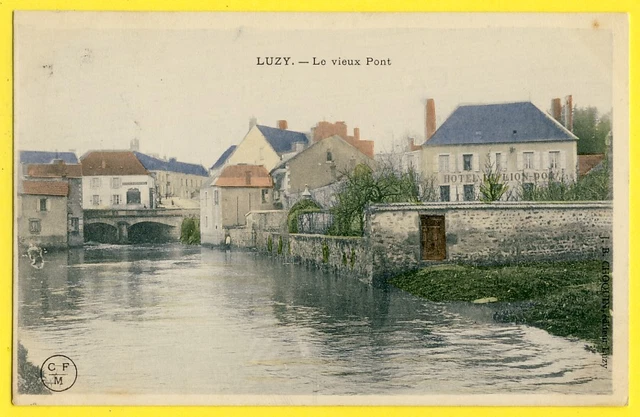 cpa Rare 58 - LUZY (Nièvre) Le Vieux PONT Hôtel du Lion d'Or Boucherie Buisson