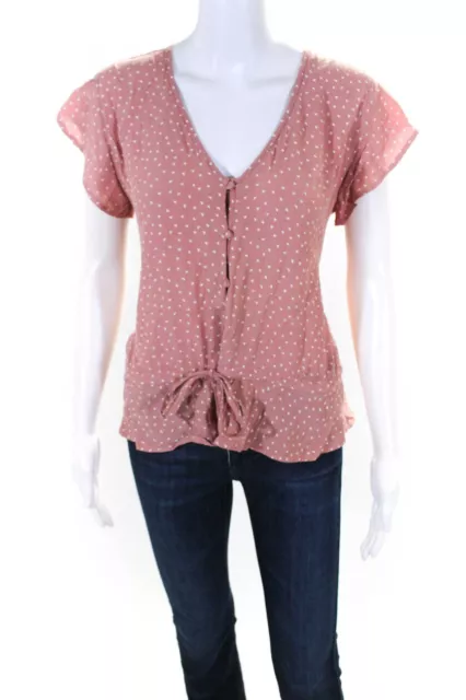 Rails Womens Heart Polka Dot Short Sleeved V Neck Blouse Pink White Size  S