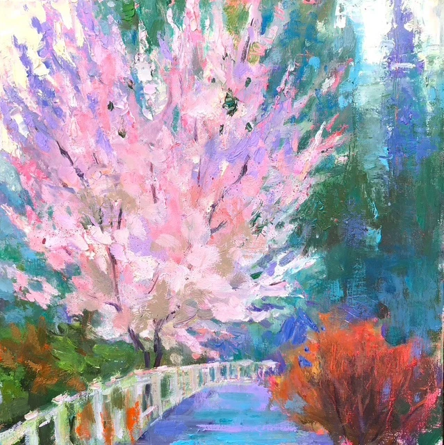 CHERRY TREE BLOOM Painting Original Spring Cherry blossom Impressionist