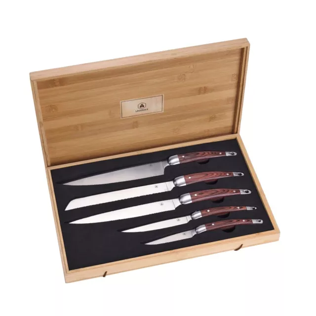 LAGUIOLE Kastenmesser, 5er-Set Schneidwerkzeuge Fleisch Fisch Brot, Bambusholz u