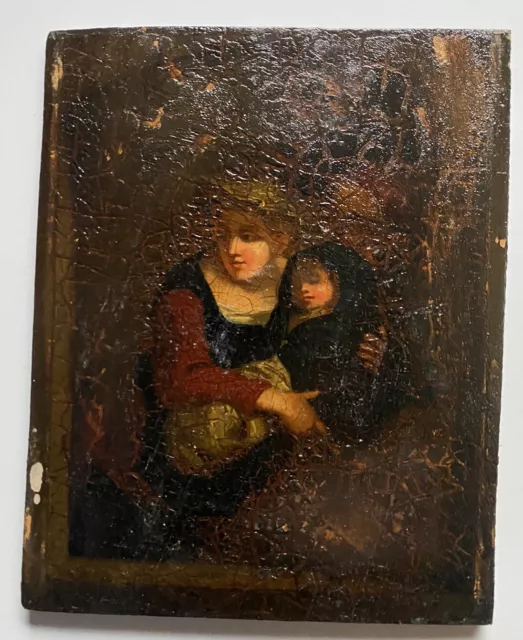 Portrait Femme Vierge À L’enfant ? Tableau ancien Huile XIX ou Avant À Restaurer