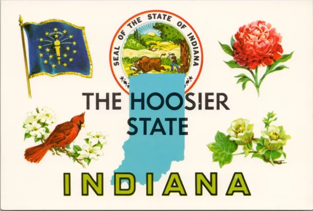 INDIANA ~ THE HOOSIER STATE ~ State Flag ~ Cardinal ~ Peony - Postcard