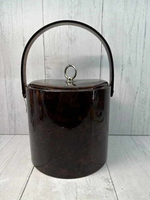 Vintage Georges Briard Ice Bucket Brown Vinyl Lucite Tortoise Handle MCM Barware