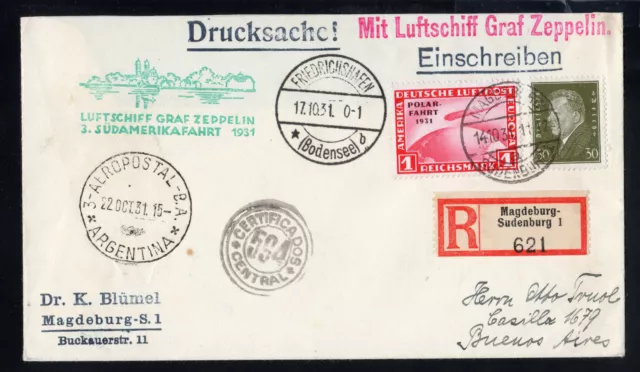 1931 Germany Graf Zeppelin Cover Argentina 3rd South American Flight Registered