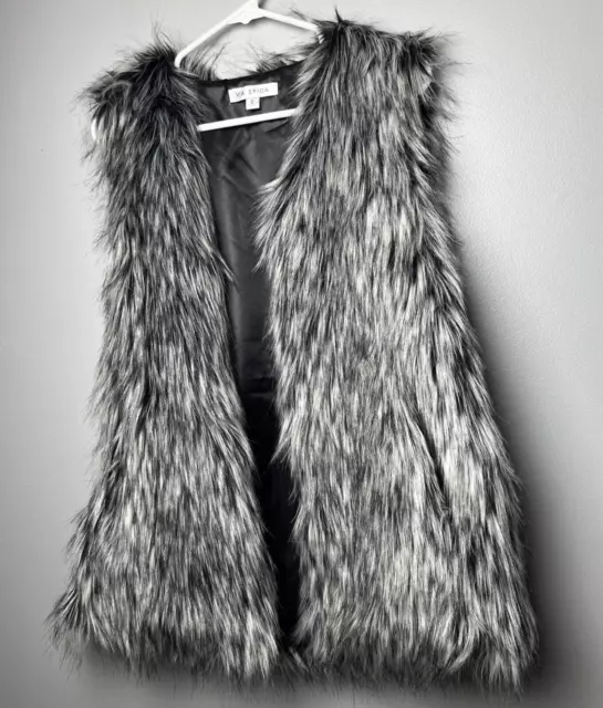 Via Spiga Faux Fur Vest Small Black Pockets Open Front NEW