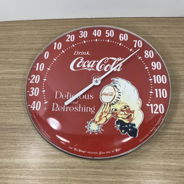 Vintage 1984 Coca Cola Outdoor Thermometer Tru Temp 12” Plastic Face Metal Body