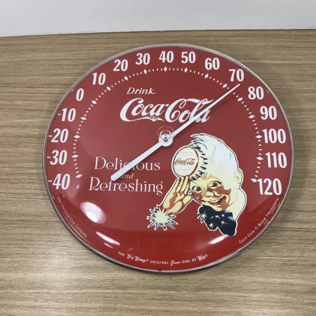 Vintage 1984 Coca Cola Outdoor Thermometer Tru Temp 12” Plastic Face Metal Body