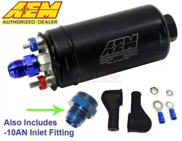 GENUINE AEM 50-1005 Inline Fuel Pump 380LPH Bosch 044 Style + 10AN Inlet Fitting