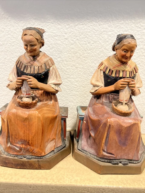 Vtg 1949 Wood Carved, Old Woman Knitting Figure Pair, Kath Kaslatter