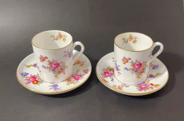 Pair Copeland Spode Dresden Rose Demitasse Cups & Saucers English Bone China 1 3