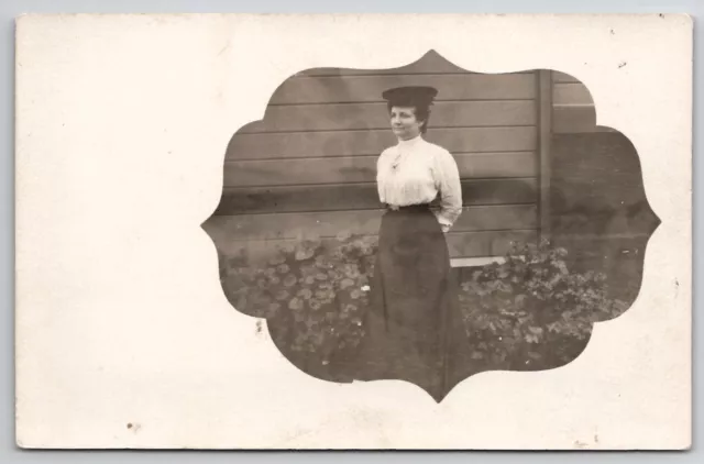 RPPC Pretty Older Edwardian Woman with Hat Unique Masked Photo Postcard H30