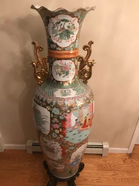 Extra Large Vintage Famille Rose Chinese Porcelain Floor Vase 52.5” Wooden Stand