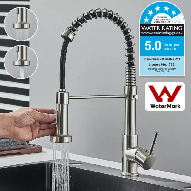 WELS Brushed Nickel Kitchen Sink Mixer Taps Pull Out Laundry 360° Swivel Faucet