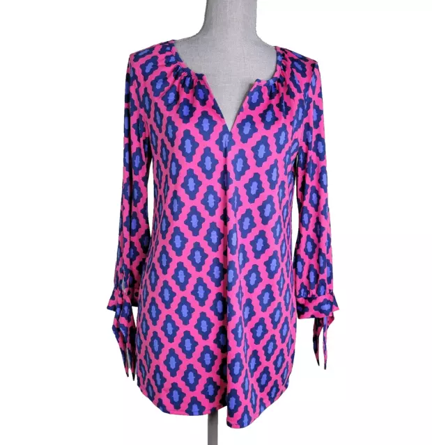 Mud Pie Women's Pink & Blue Geometric Print Stretch Tunic/Blouse 3/4 Sleeves S 2