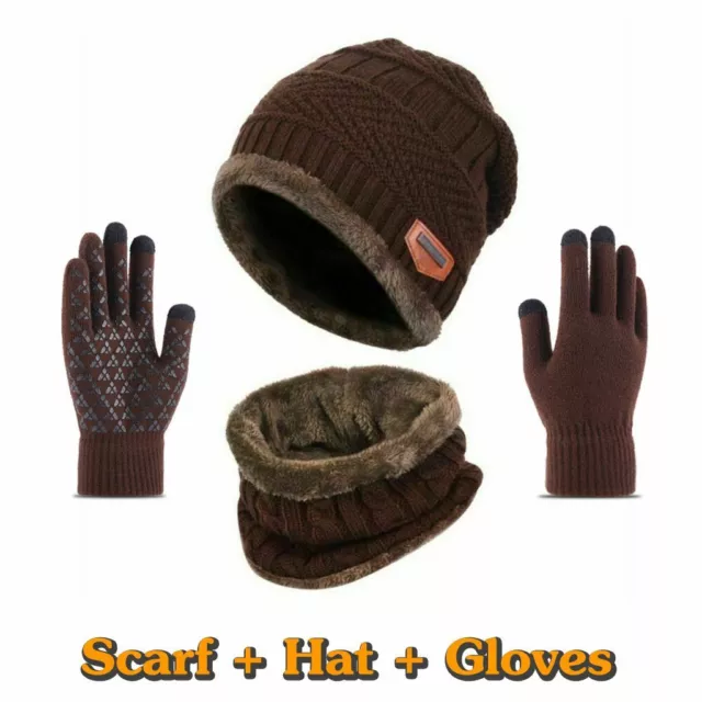 3 Piece Set Winter Mens Knit Beanie Hat Scarf Touch Screen Ski Gloves Warm Brown