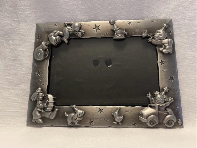 Vintage Weird Pewter Photo Frame Creepy Clown Circus 4x6 In Photo Dog Bird