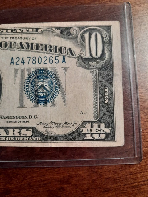 1934-A 10 Dollar Silver Certificate  Blue Seal Note #A24780265A In Holder 5