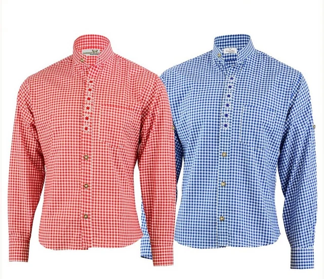 Herren Trachtenhemd Trachten Hemd Edelweissstickerei blau oder rot kariert S-4XL