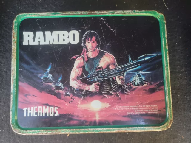 Rambo Green Camo Tin Metal Lunchbox and Thermos Cup 1985 Thermos Anabasis  USED - We-R-Toys