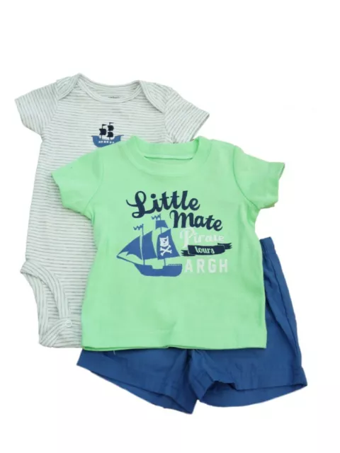 Carters Infant Boys Green Pirate T-Shirt Gray Striped Creeper & Blue Shorts Set