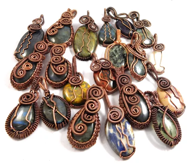 100% Natural Mix Gemstone Copper Wire Pendant Fashion Jewelry 20 PCS