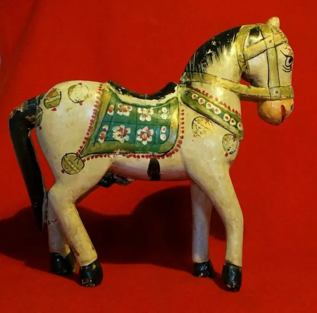 🟡 Antico Cavallo In Legno Intagliato  E Dipinto A  Mano Epoca  1940 - A-235